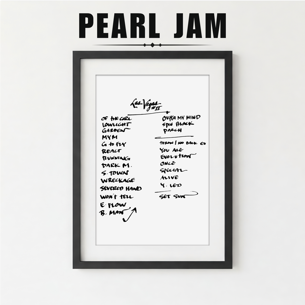 Framed poster with handwritten Pearl Jam album tracklist on a white background