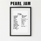 Framed poster with handwritten Pearl Jam album tracklist on a white background