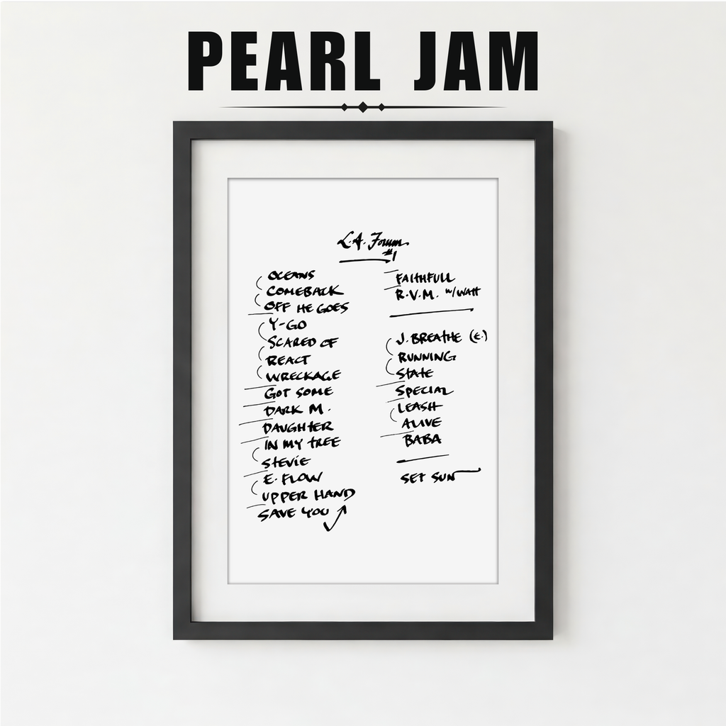 Framed list of Pearl Jam song titles on a white background