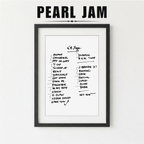 Framed list of Pearl Jam song titles on a white background