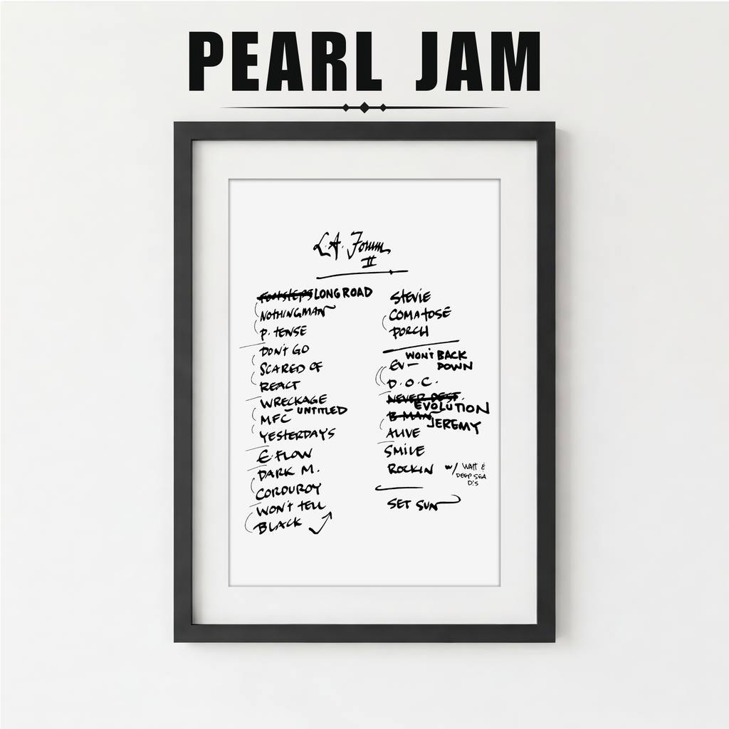 Framed Pearl Jam setlist on a white background