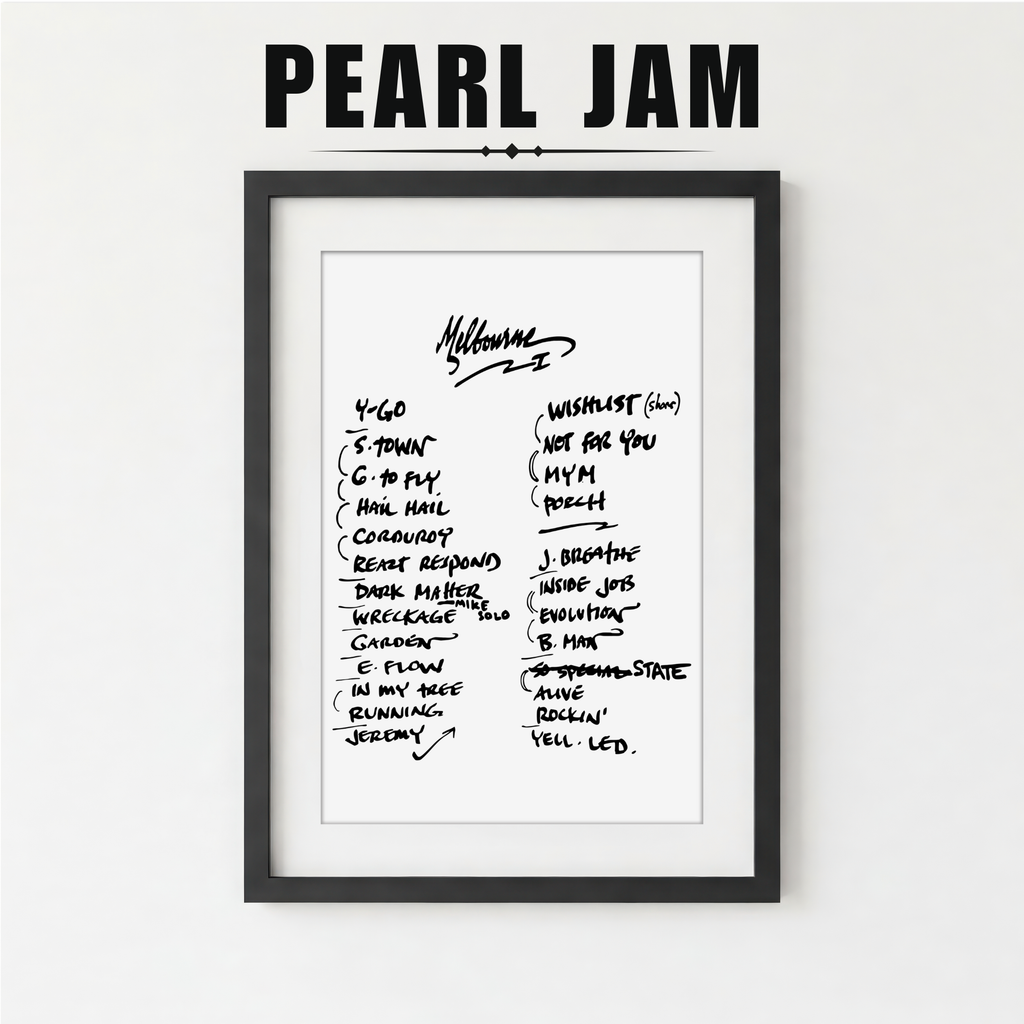Framed poster with handwritten Pearl Jam album tracklist on a white background