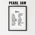 Framed poster with handwritten Pearl Jam album tracklist on a white background