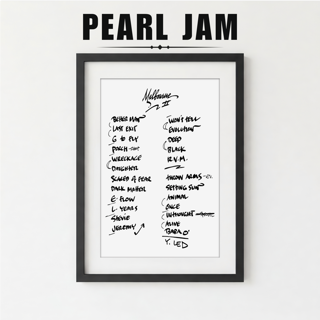 Framed Pearl Jam album tracklist on a white background