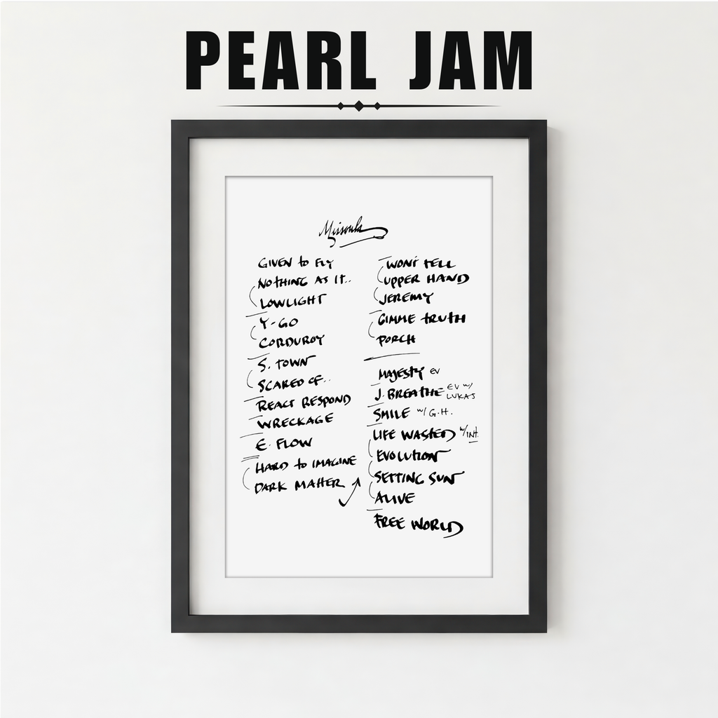 Framed list of Pearl Jam album track names on a white background