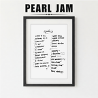 Framed list of Pearl Jam album track names on a white background