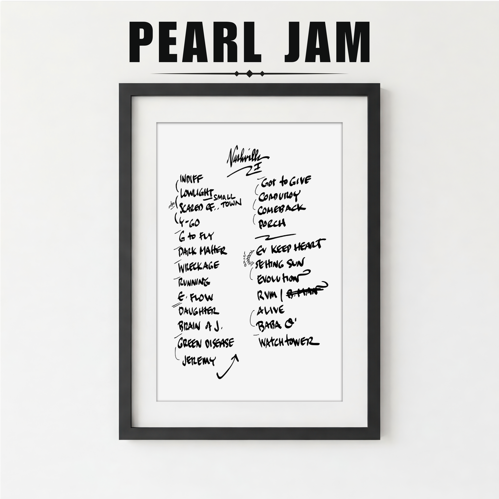 Framed poster with Pearl Jam setlist on a white background