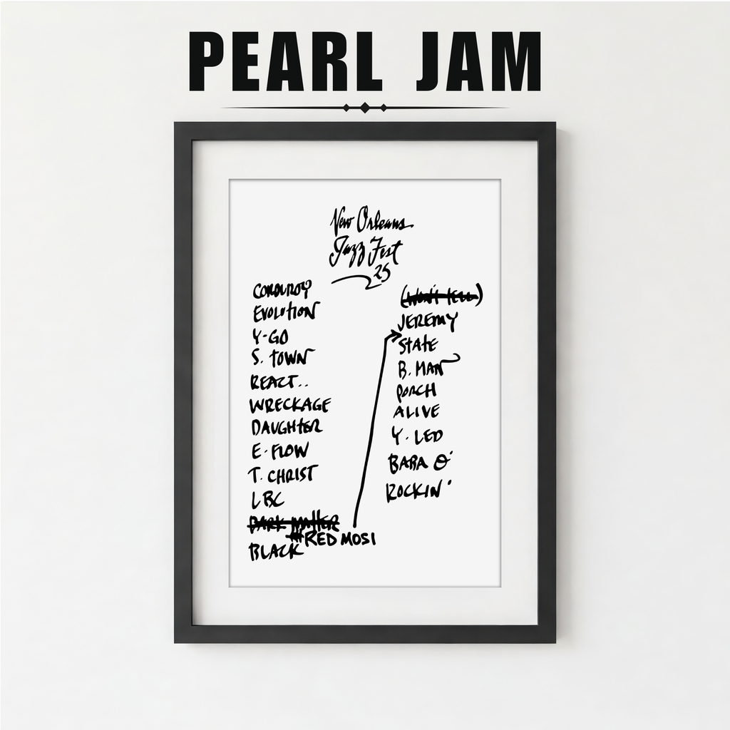 Framed poster with handwritten setlist on a white background, featuring the band Pearl Jam.