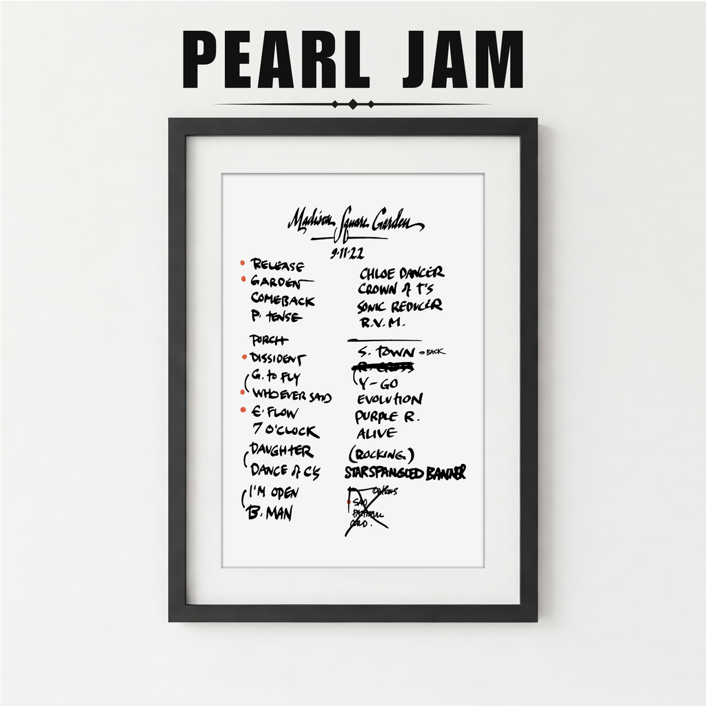 Framed Pearl Jam setlist with handwritten notes on a white background