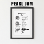 Framed Pearl Jam setlist with handwritten notes on a white background