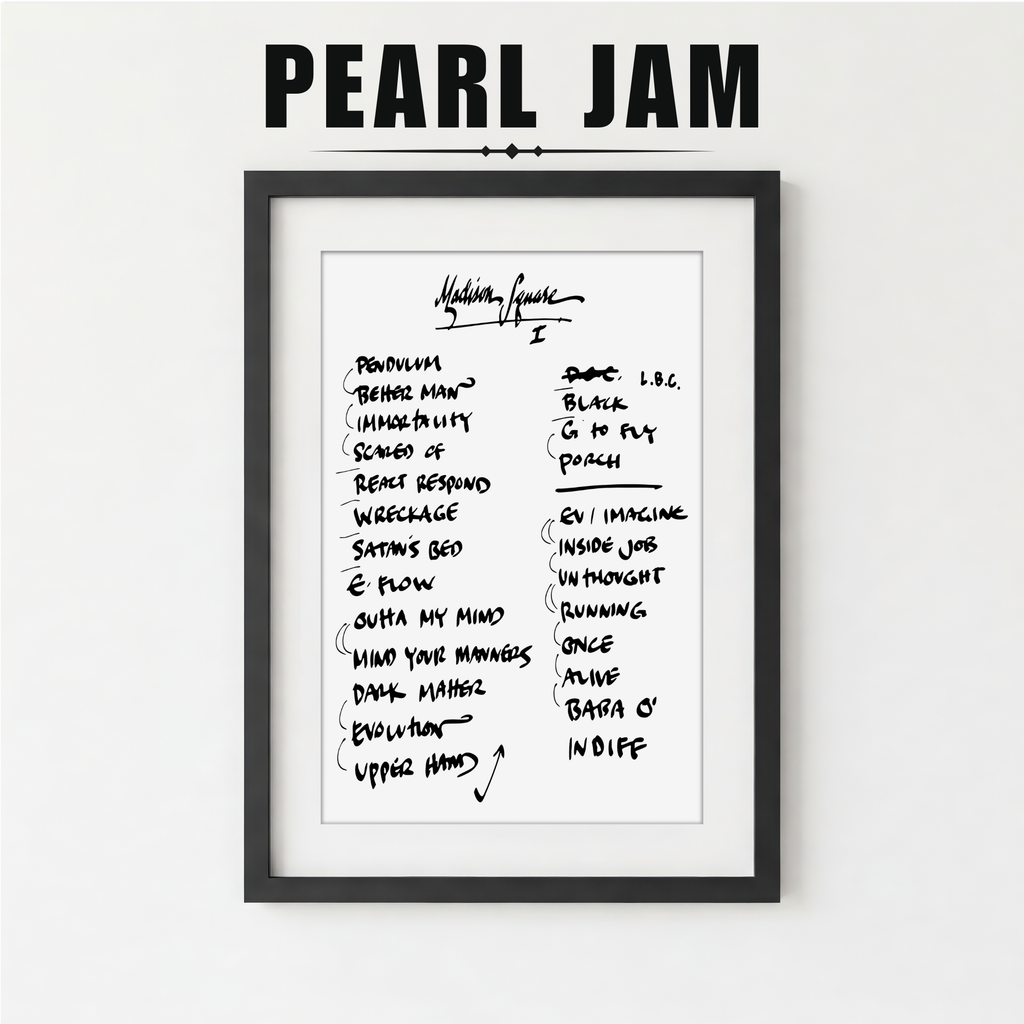 Framed Pearl Jam album tracklist on a white background