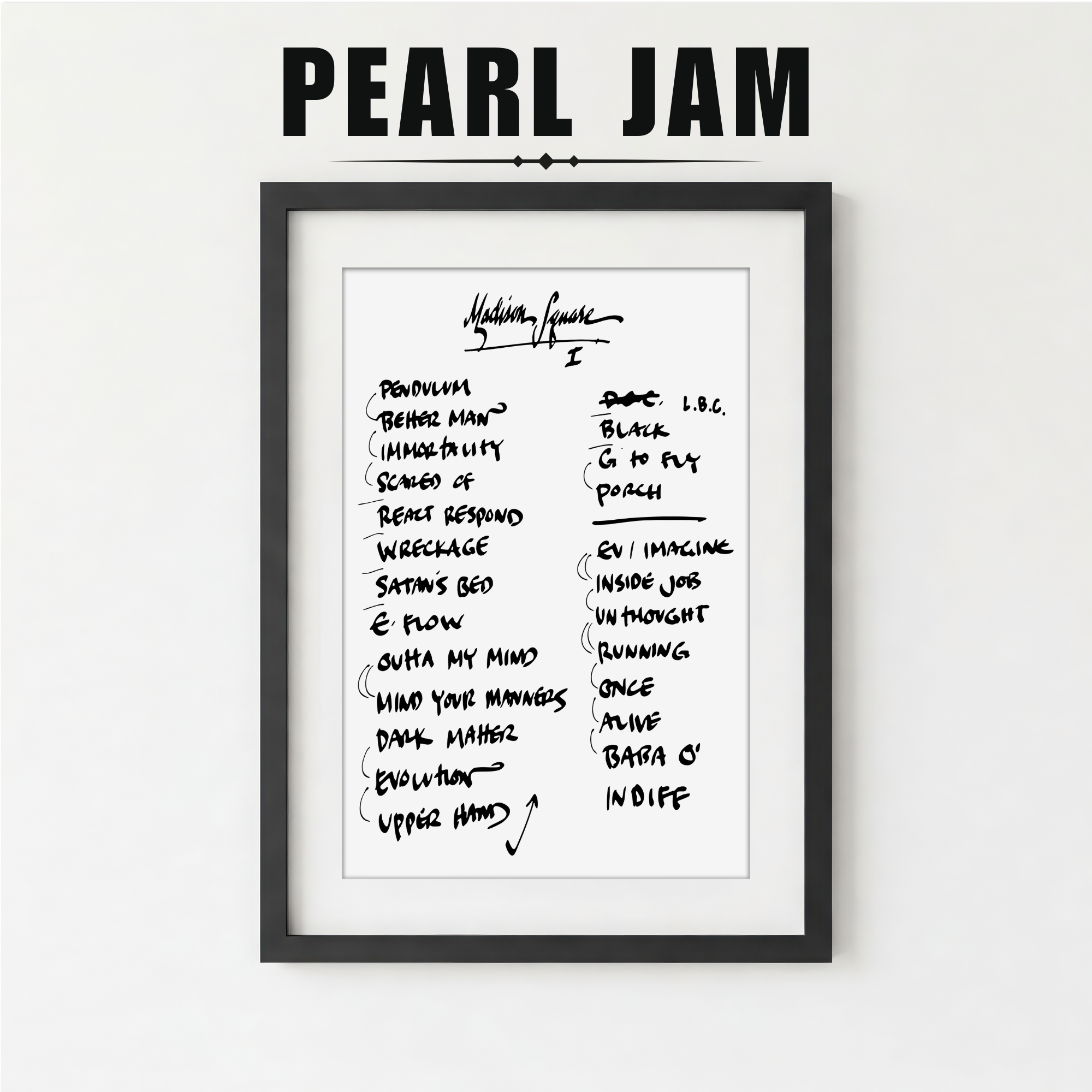 Framed Pearl Jam album tracklist on a white background