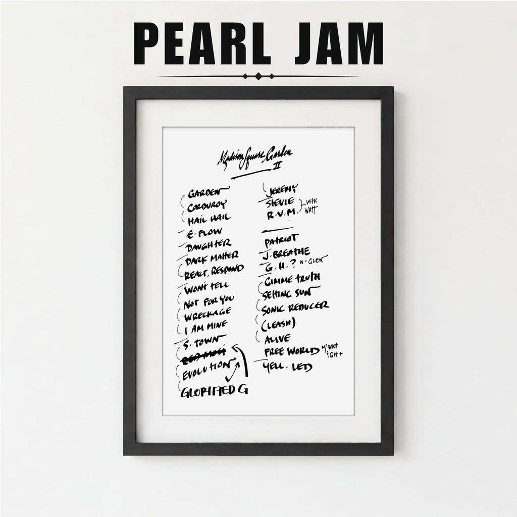 Framed list of Pearl Jam album tracklist with a plant on a white background