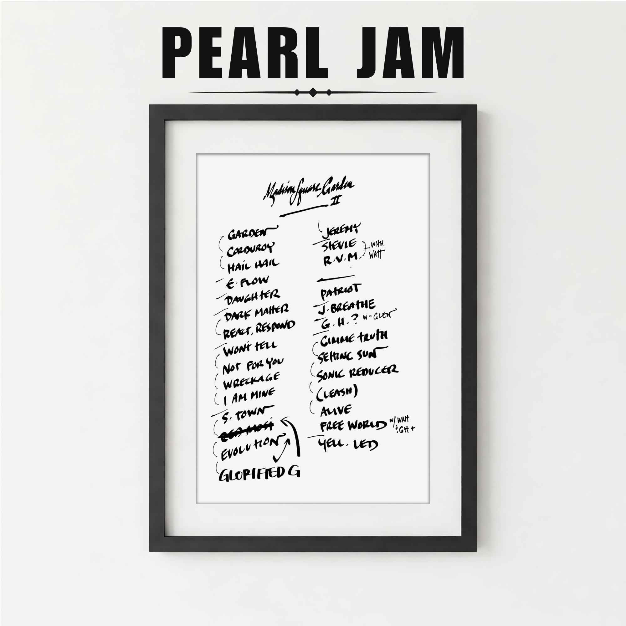 Framed list of Pearl Jam album tracklist with a plant on a white background