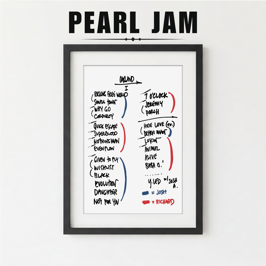 Framed poster with Pearl Jam setlist on a white background