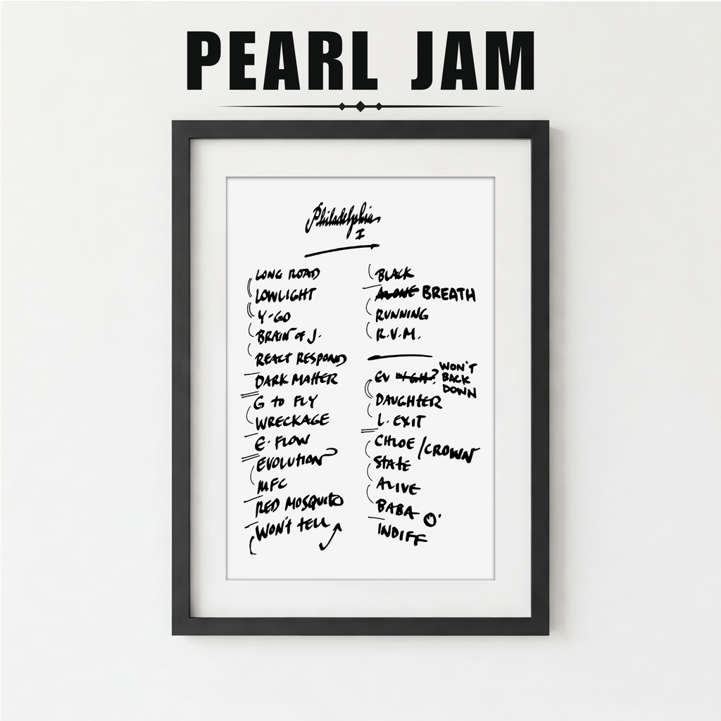 Framed list of Pearl Jam album tracklist with a plant on a white background