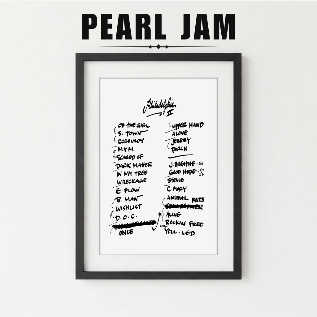 Framed Pearl Jam album tracklist with a plant on a white surface
