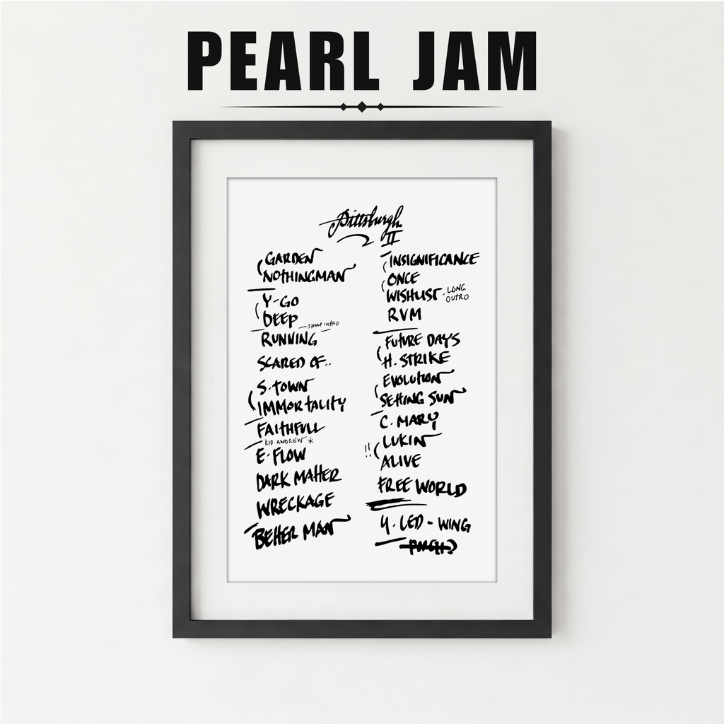 Framed setlist of Pearl Jam song titles on a white background
