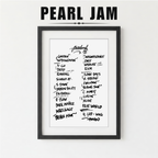 Framed setlist of Pearl Jam song titles on a white background