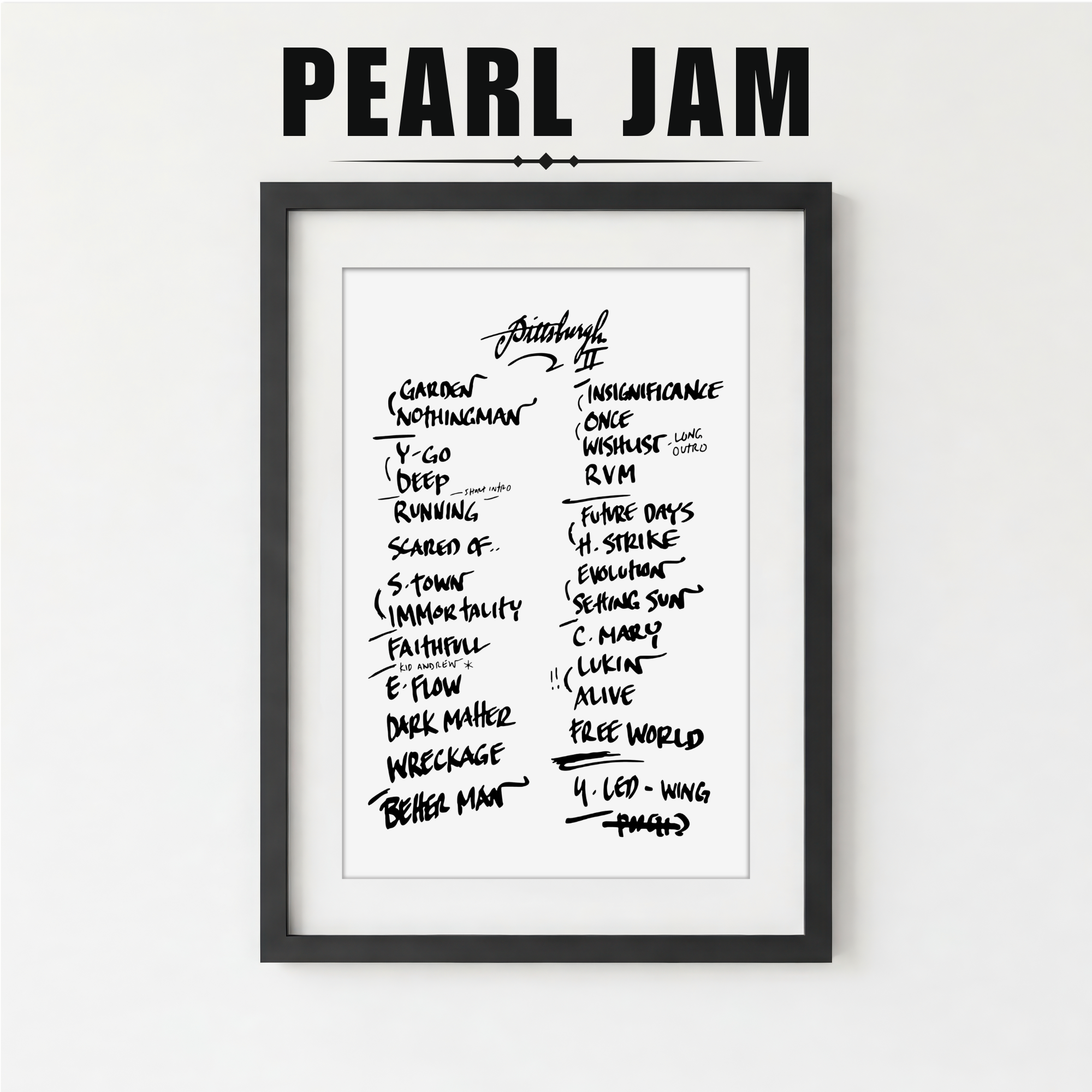 Framed setlist of Pearl Jam song titles on a white background