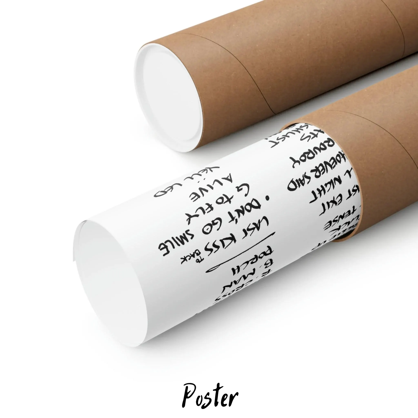 Two poster rolls with text on a white background