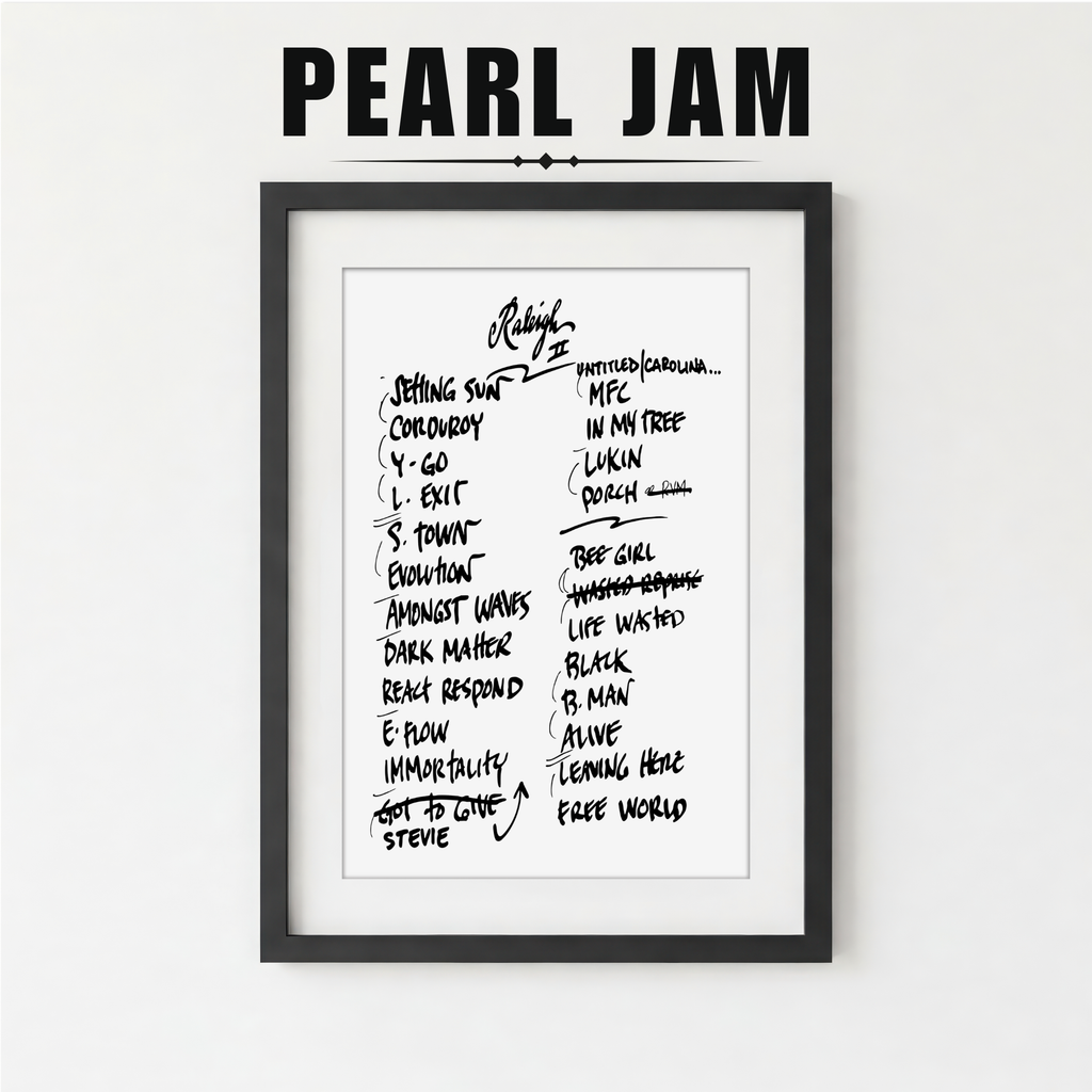 Framed poster with Pearl Jam setlist on a white background