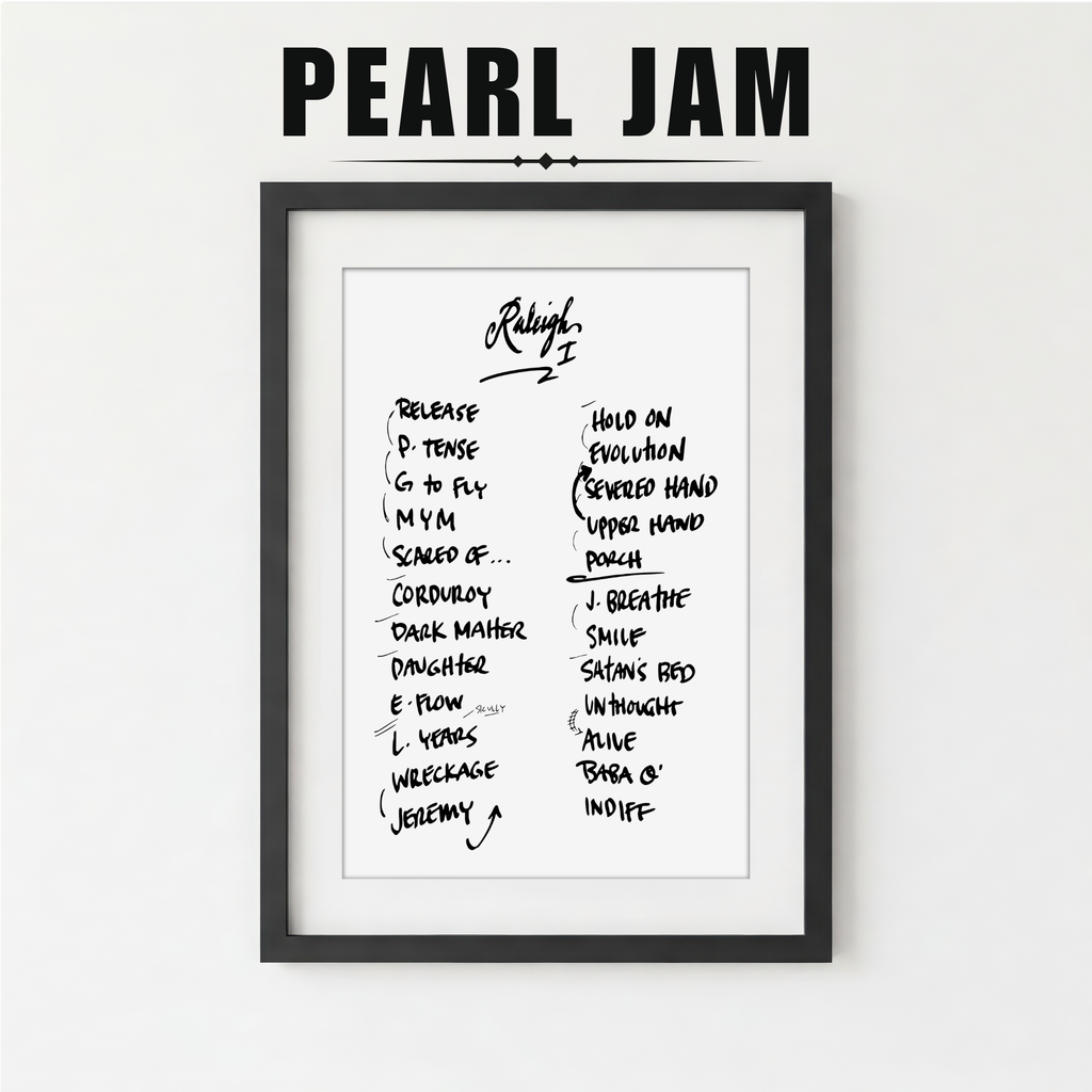 Framed Pearl Jam setlist on a white background
