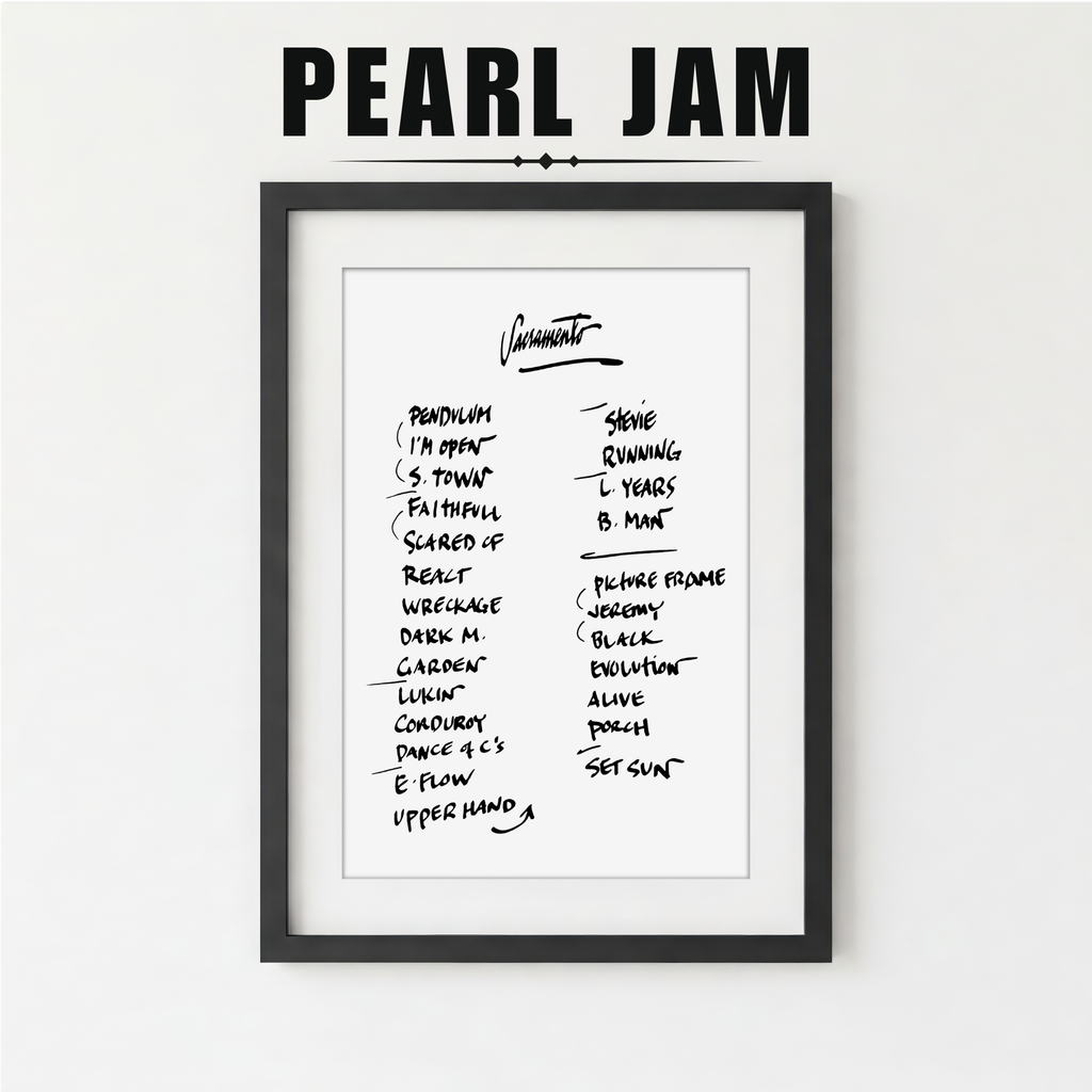 Framed list of Pearl Jam album tracklist with a plant on a white background