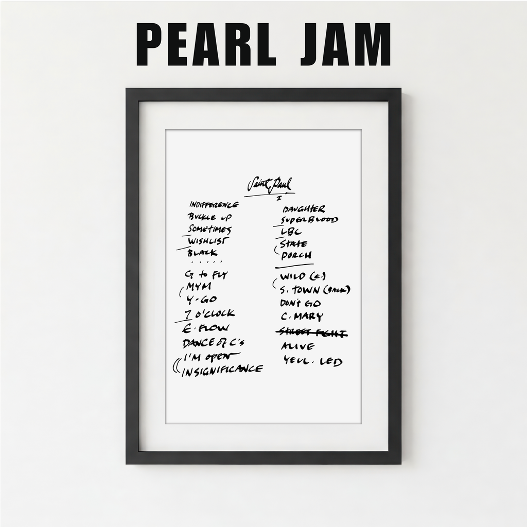 Framed list of Pearl Jam album track names on a white background