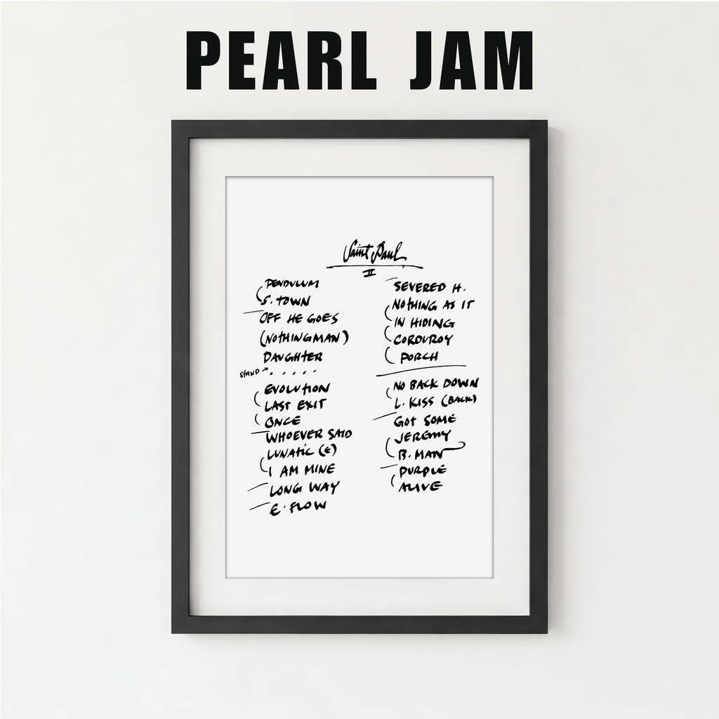 Framed Pearl Jam album tracklist on a white background