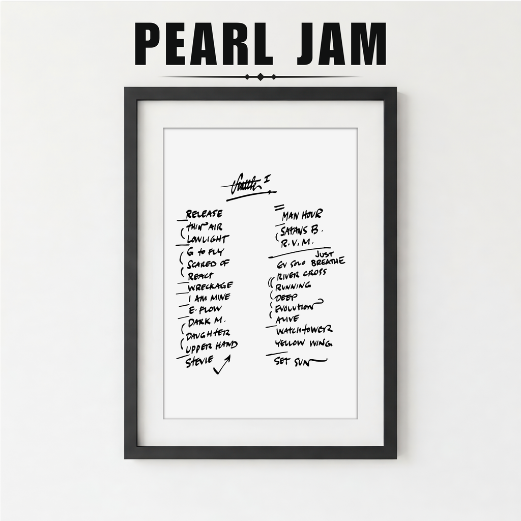 Framed poster with Pearl Jam album tracklist on a white background