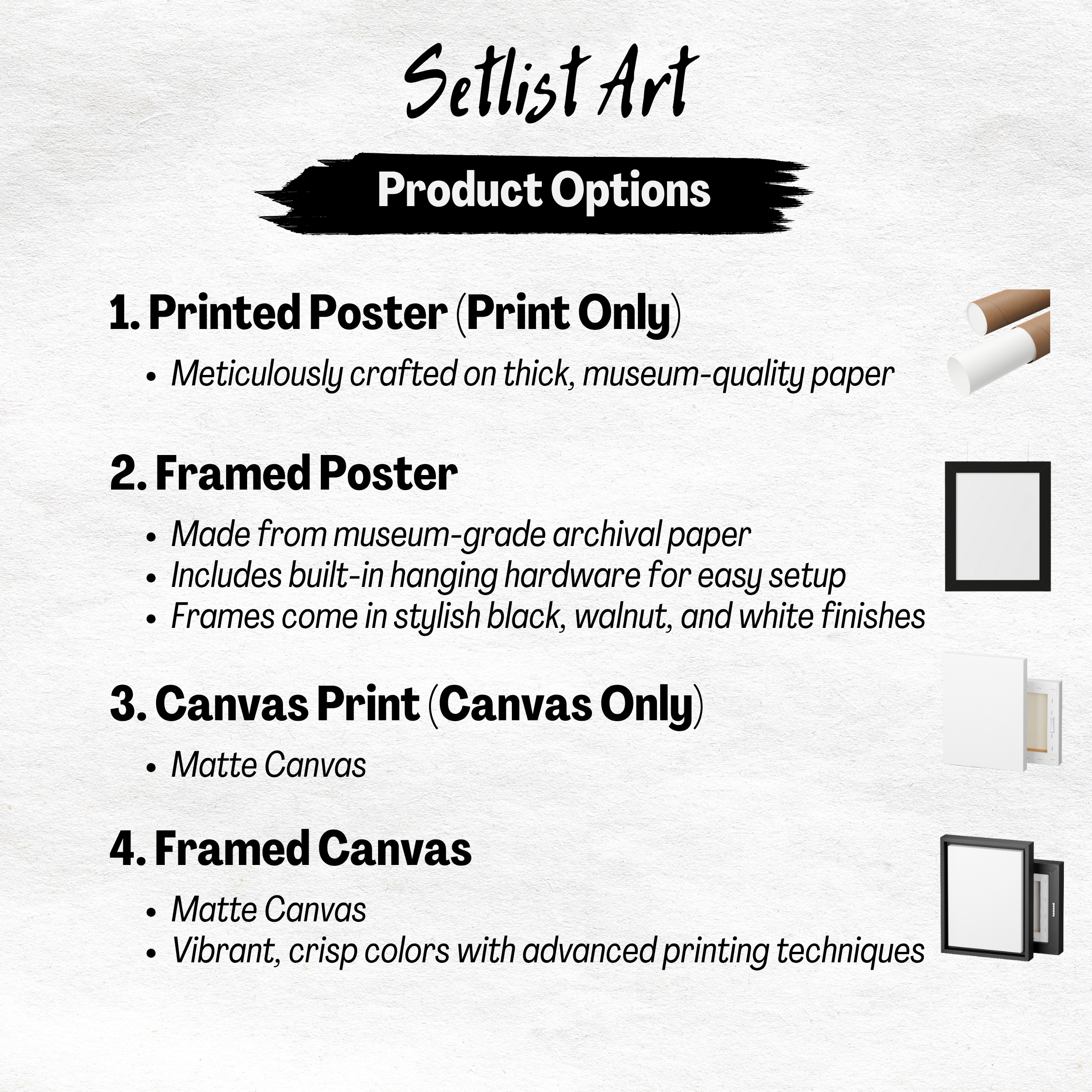 Setlist Art product options for printed posters, framed posters, canvas prints, and framed canvases on a white background.