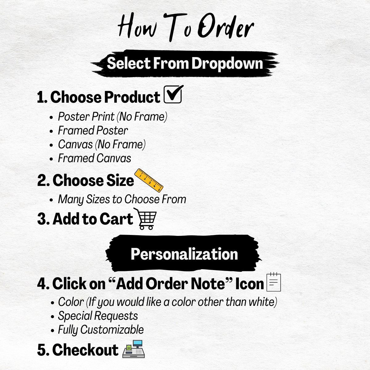 Step-by-step guide on how to order products with checkboxes and icons on a white background