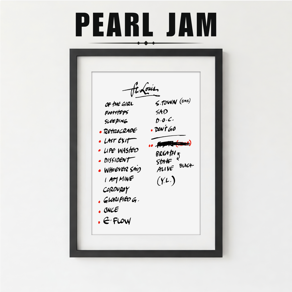 Framed poster with Pearl Jam setlist on a white background