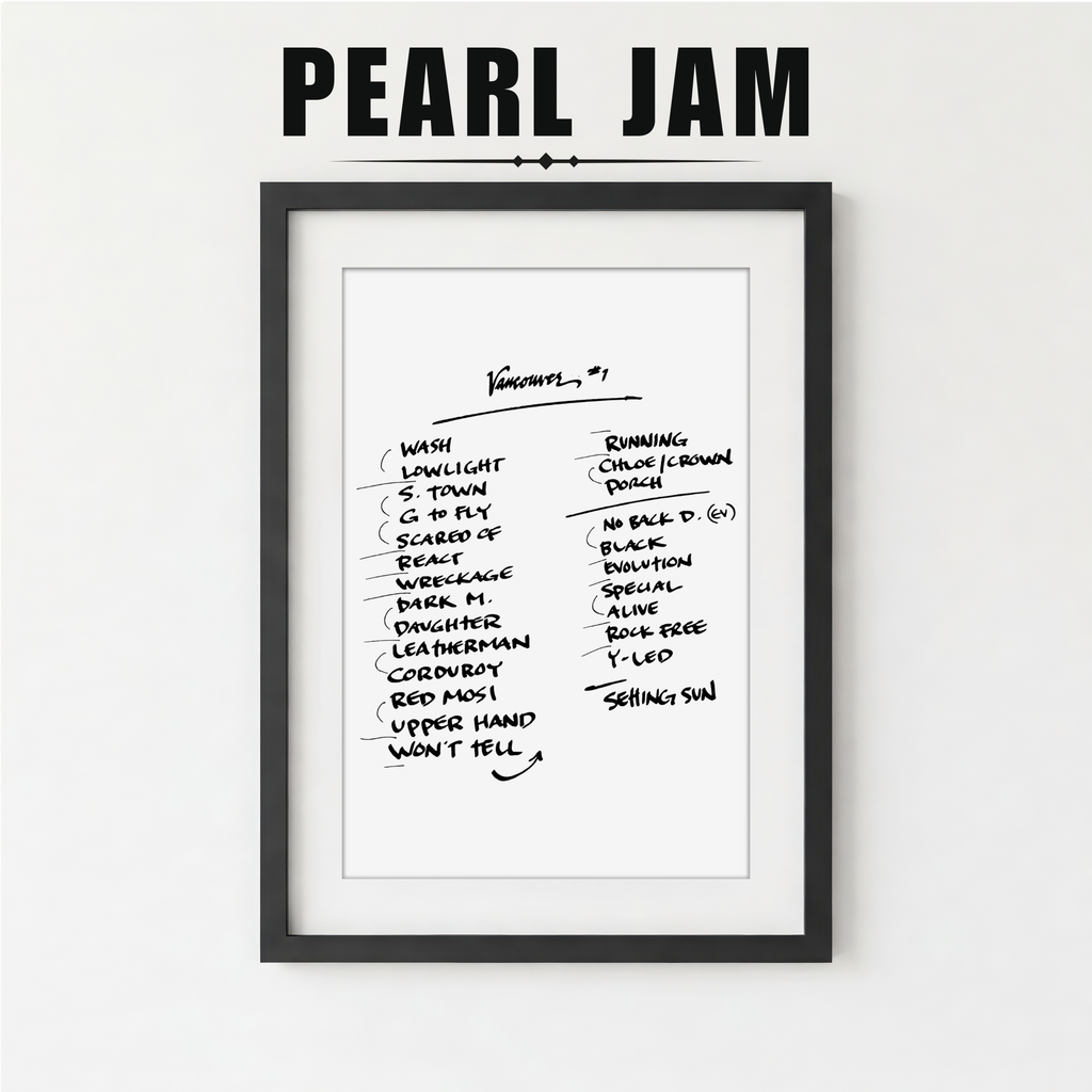 Framed poster with Pearl Jam setlist on a white background