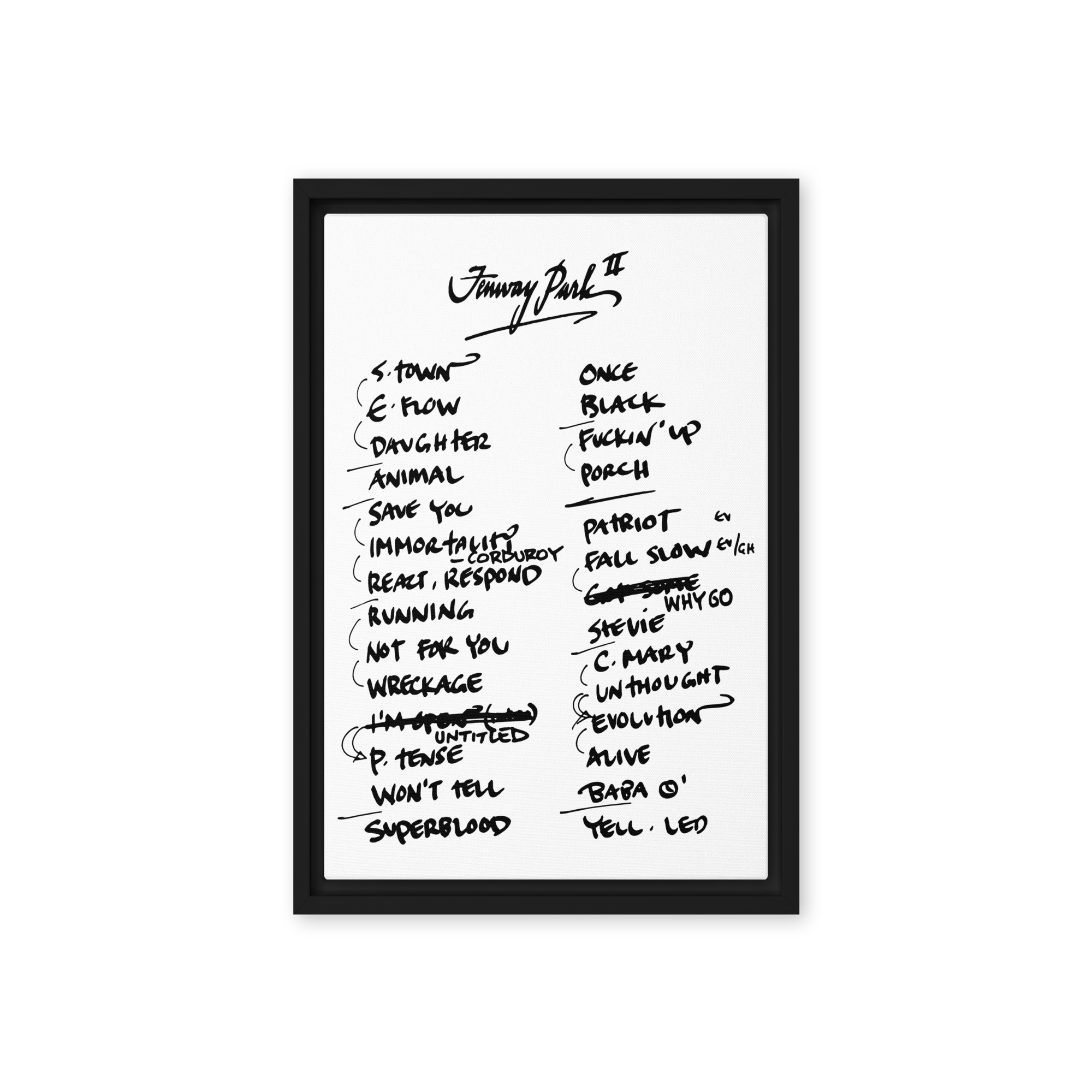 Framed poster with handwritten list of song titles on a white background