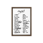Framed poster with handwritten track list on a white background