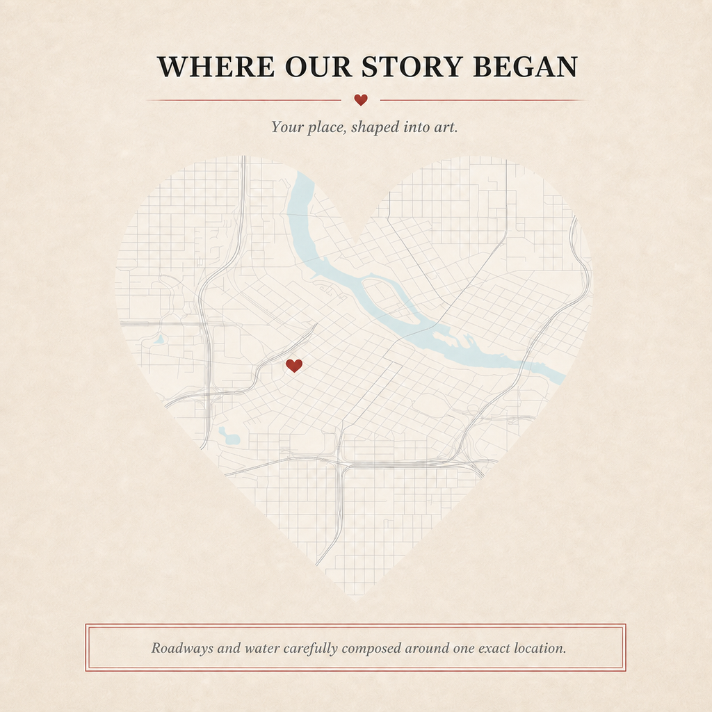 Where our story began — detailed heart-shaped map with roads, water, and exact location marker
