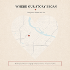 Where our story began — detailed heart-shaped map with roads, water, and exact location marker