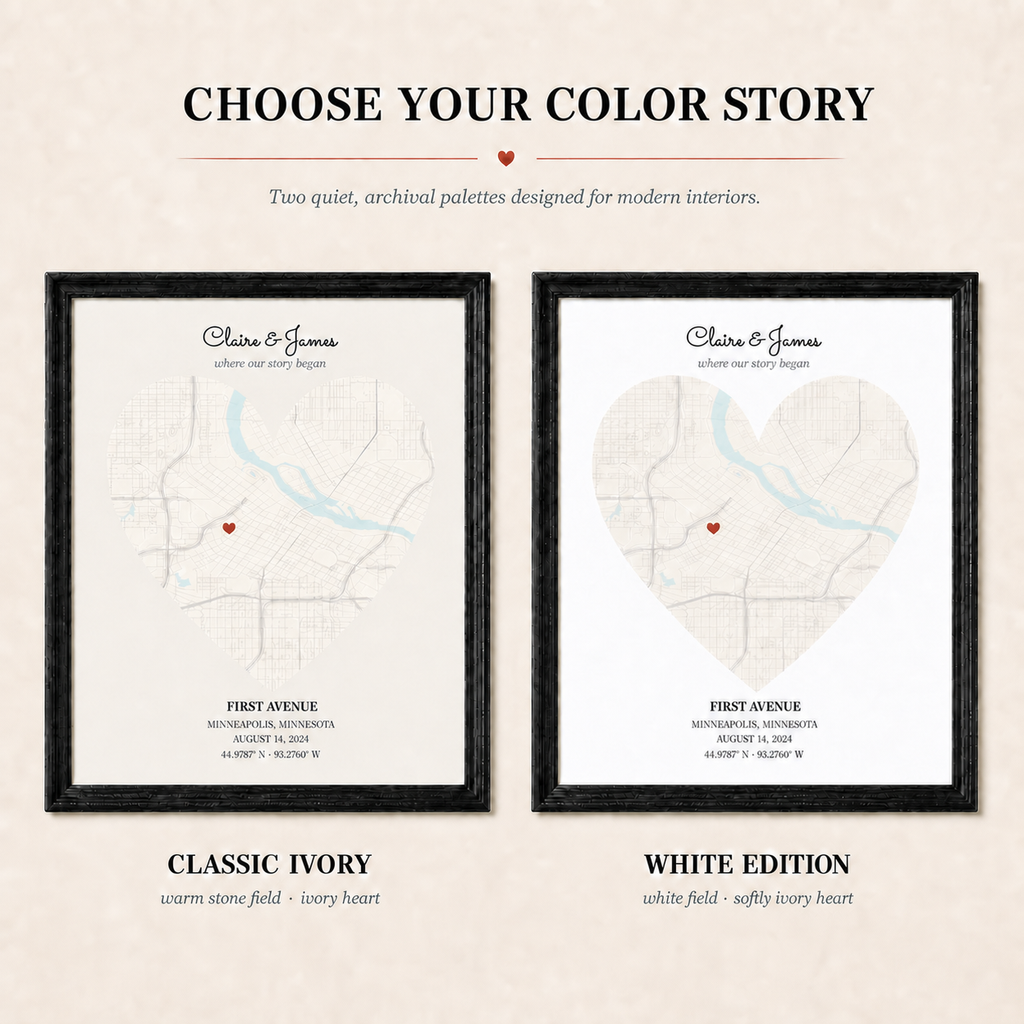 Classic Ivory warm stone and White Edition Heart Map color options shown in matching black frames