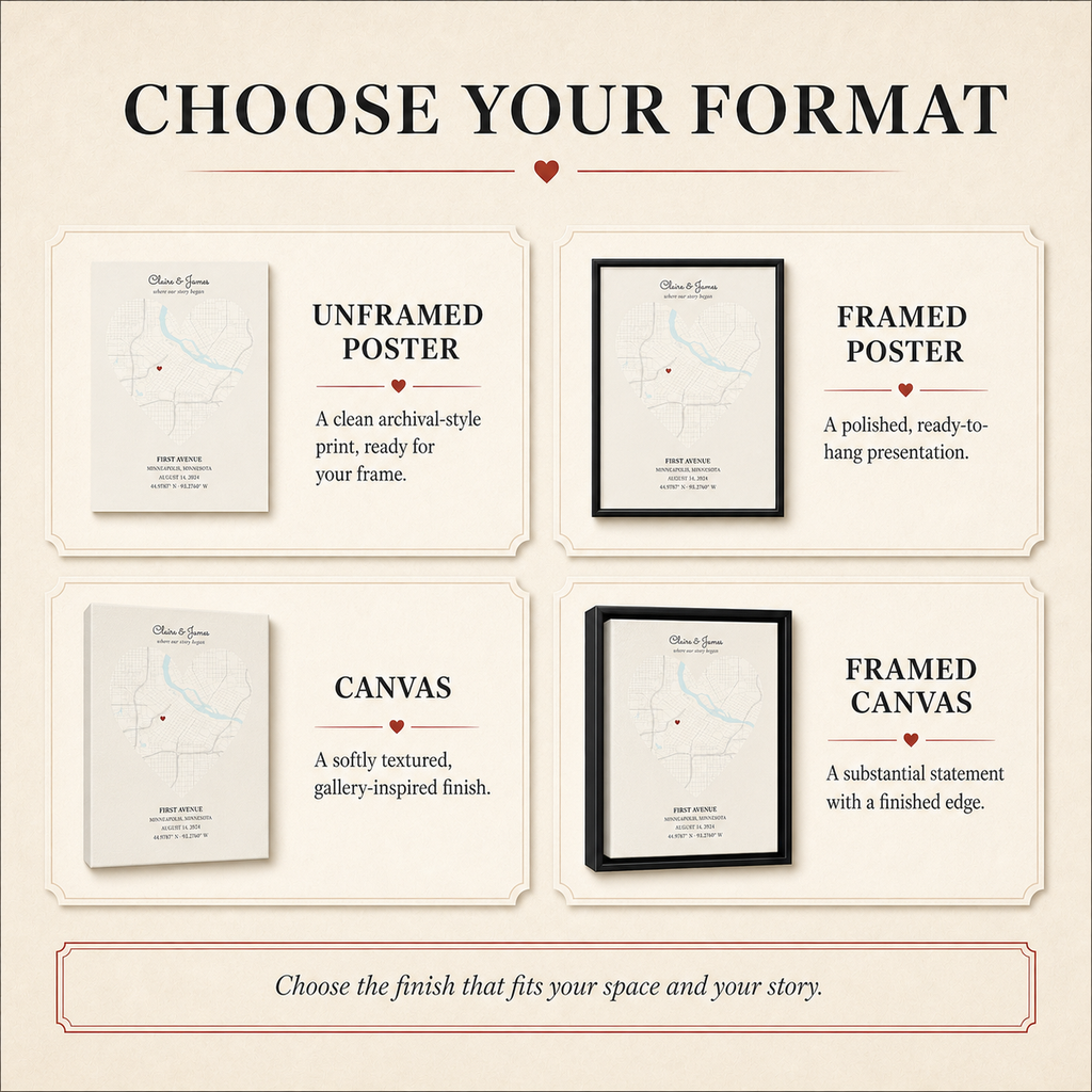 Choose your Heart Map format: unframed poster, framed poster, canvas, and framed canvas