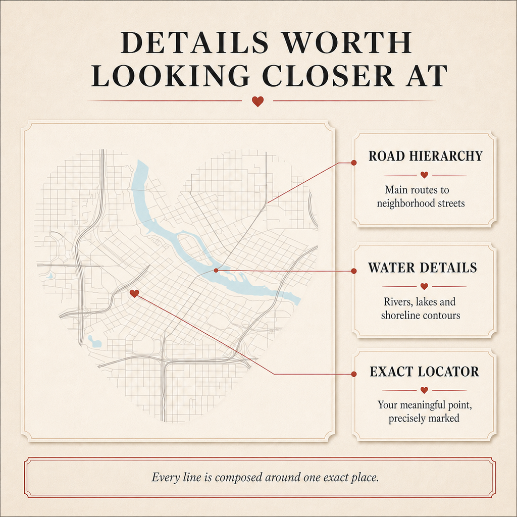 Heart Map detail showing road hierarchy, water features, and the exact location marker
