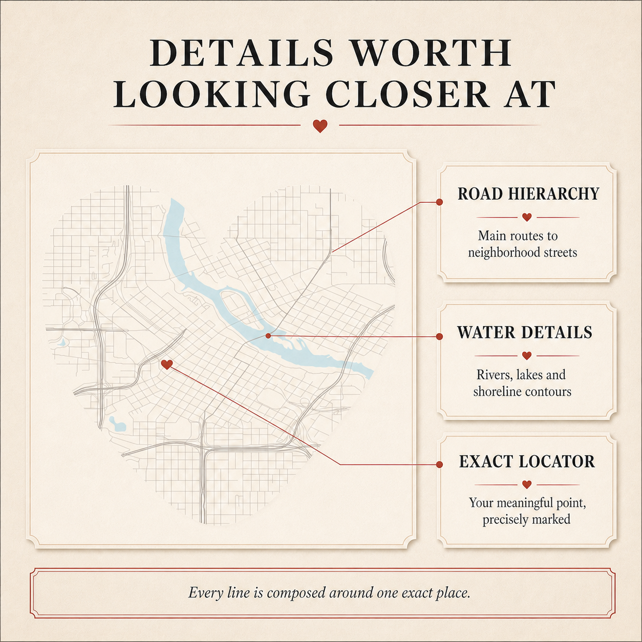 Heart Map detail showing road hierarchy, water features, and the exact location marker