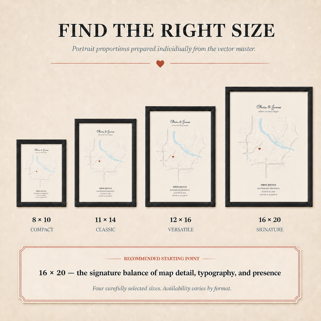 Heart Map size guide comparing 8 by 10, 11 by 14, 12 by 16, and 16 by 20 framed prints