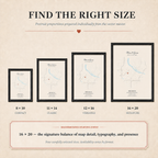 Heart Map size guide comparing 8 by 10, 11 by 14, 12 by 16, and 16 by 20 framed prints