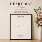 Custom Heart Map Print from the Love Archive in a black frame with blush roses