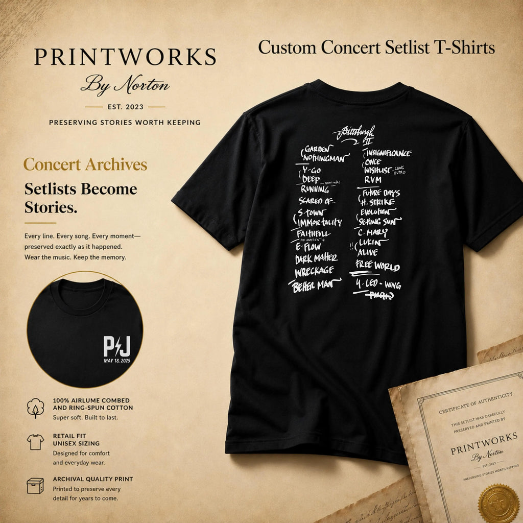 Custom concert setlist T-shirt with personalized front logo and back setlist design