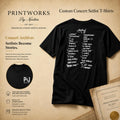 Custom concert setlist T-shirt with personalized front logo and back setlist design