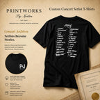 Custom concert setlist T-shirt with personalized front logo and back setlist design