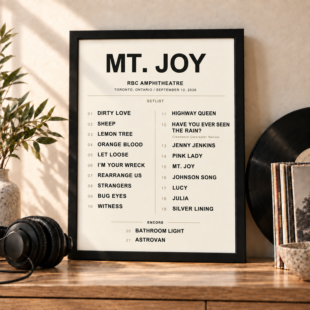 Mt. Joy concert setlist in a black frame